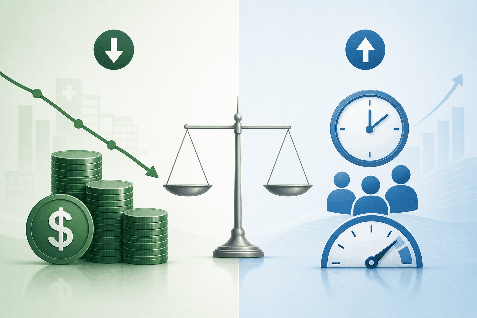 A two-column comparison illustration showing 'Hard Savings' on the left with a stack of coins and a downward cost arrow in deep green tones, and 'Soft Savings' on the right with a clock symbol and efficiency gauge in warm blue tones.