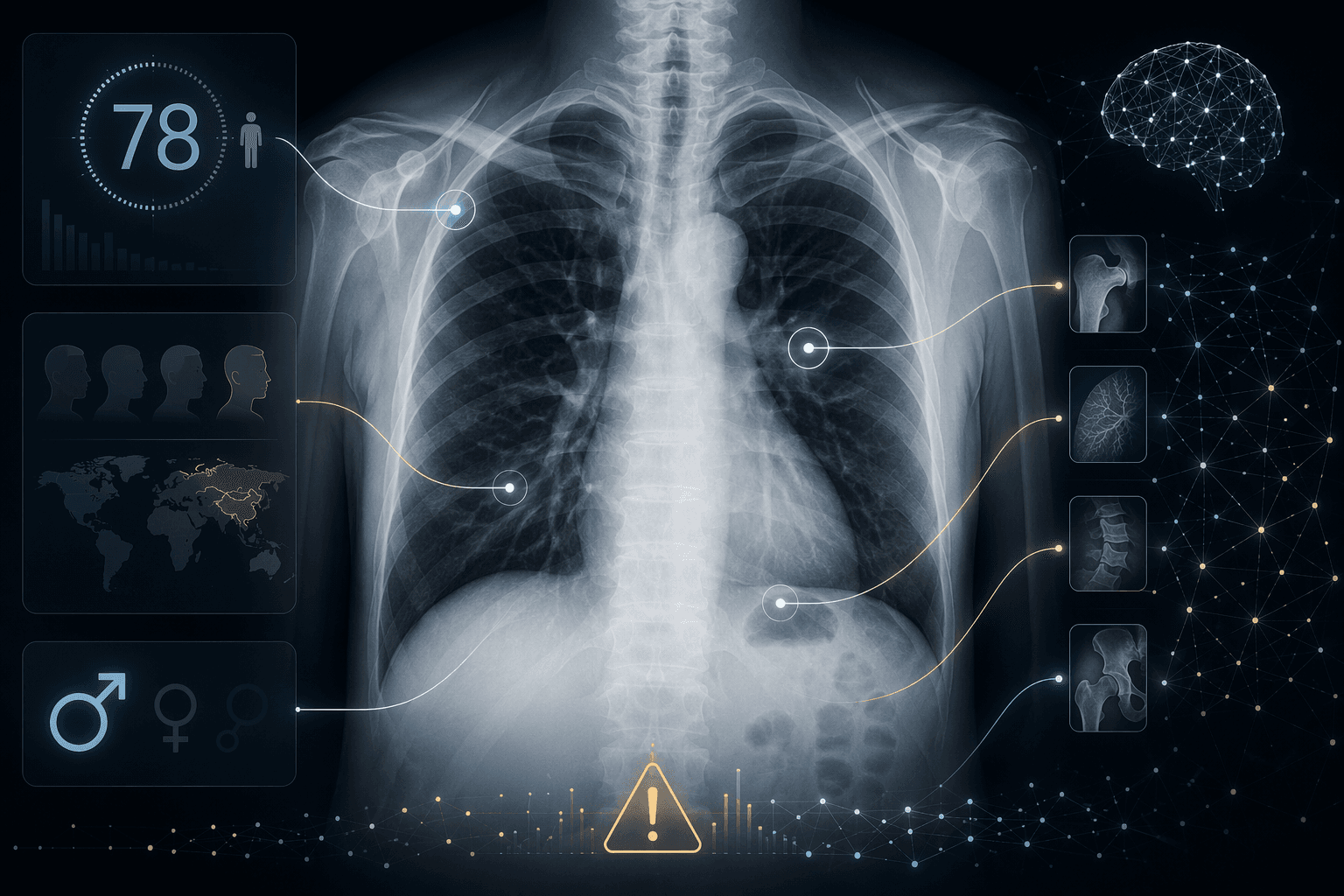 A grayscale chest X-ray at center with translucent demographic attribute overlays (age 78, ethnicity label, gender symbol) and faint glowing shortcut pathways connecting anatomical regions to demographic labels, illustrating AI demographic shortcut learning in medical imaging