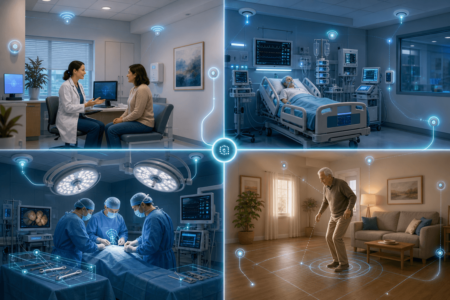 Four distinct healthcare settings connected by soft glowing lines: an outpatient clinic, an ICU, an operating room, and a home health scene.