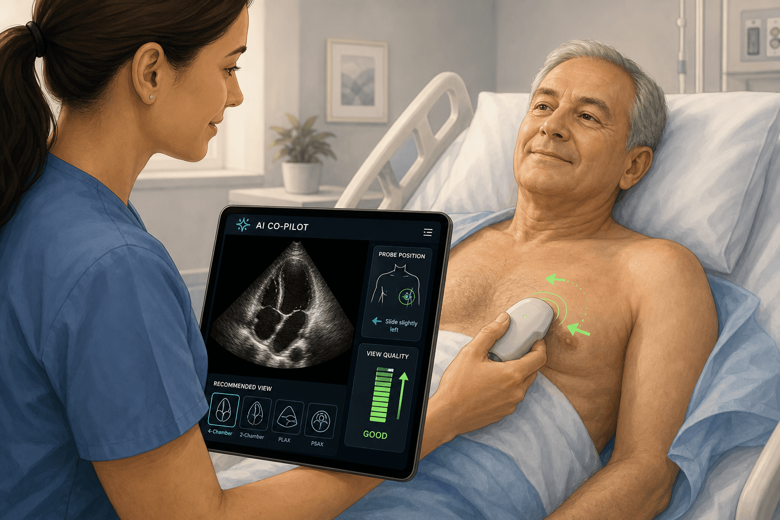 A nurse holds a handheld ultrasound probe against a patient's chest at a hospital bedside, with a tablet screen showing a cardiac ultrasound image overlaid with AI guidance arrows and a rising green quality meter.