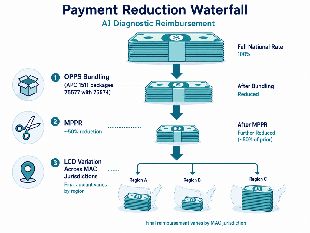 Flat vector payment reduction waterfall showing sequential reductions from national rate through OPPS bundling, MPPR, and LCD variation.