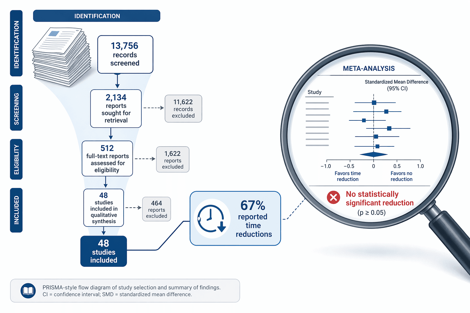 Editorial infographic showing a PRISMA-style funnel from 13,756 records screened down to 48 studies included, with a callout reading '67% reported time reductions' and a magnifying glass zooming into a forest plot icon marked 'no statistically significant reduction.'