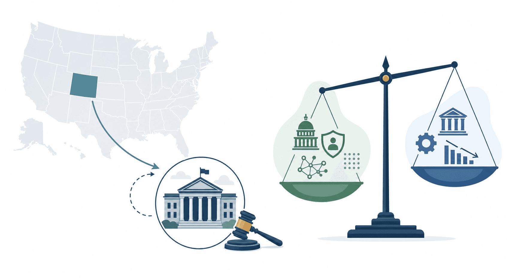 Editorial infographic showing a U.S. map with Colorado highlighted and connected by arrows to a DOJ building icon and gavel, with a scale icon balancing state-level algorithmic discrimination laws against federal deregulatory actions