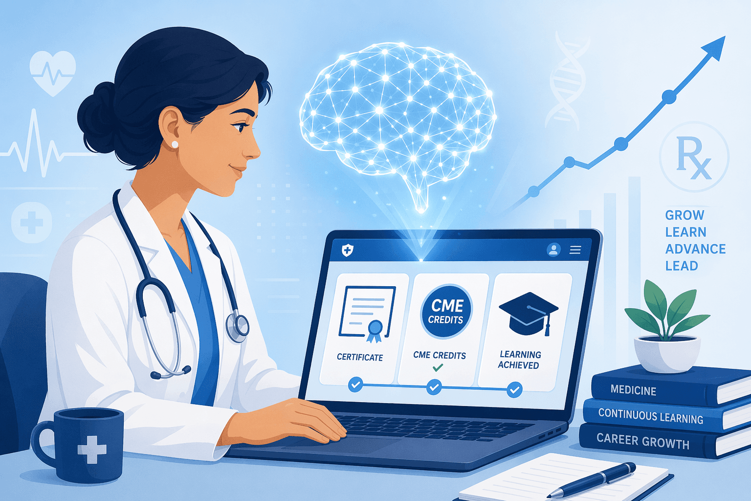 A flat-vector illustration of a healthcare professional in a white coat with a stethoscope seated at a laptop, with a translucent glowing brain-and-neural-network graphic floating above the screen showing a certificate icon, CME Credits badge, and graduation cap, surrounded by subtle medical icons and an upward-trending line chart on a blue-white gradient background.
