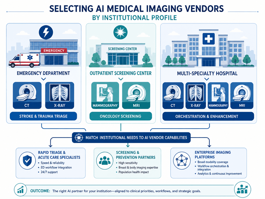 Decision-support illustration showing three hospital silhouettes: Emergency Department, Outpatient Screening Center, and Multi-Specialty Hospital, each linked to recommended AI vendor categories.