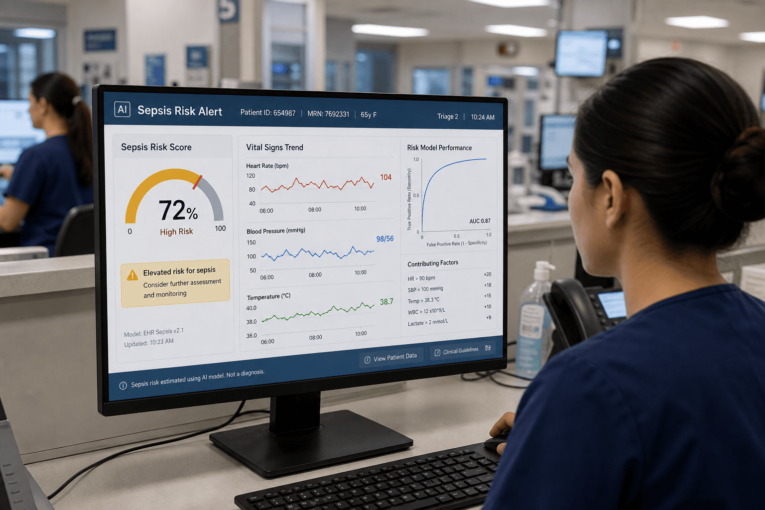 An ED triage workstation showing a clinician viewing a structured AI sepsis risk dashboard with vital sign waveforms and a risk score gauge.