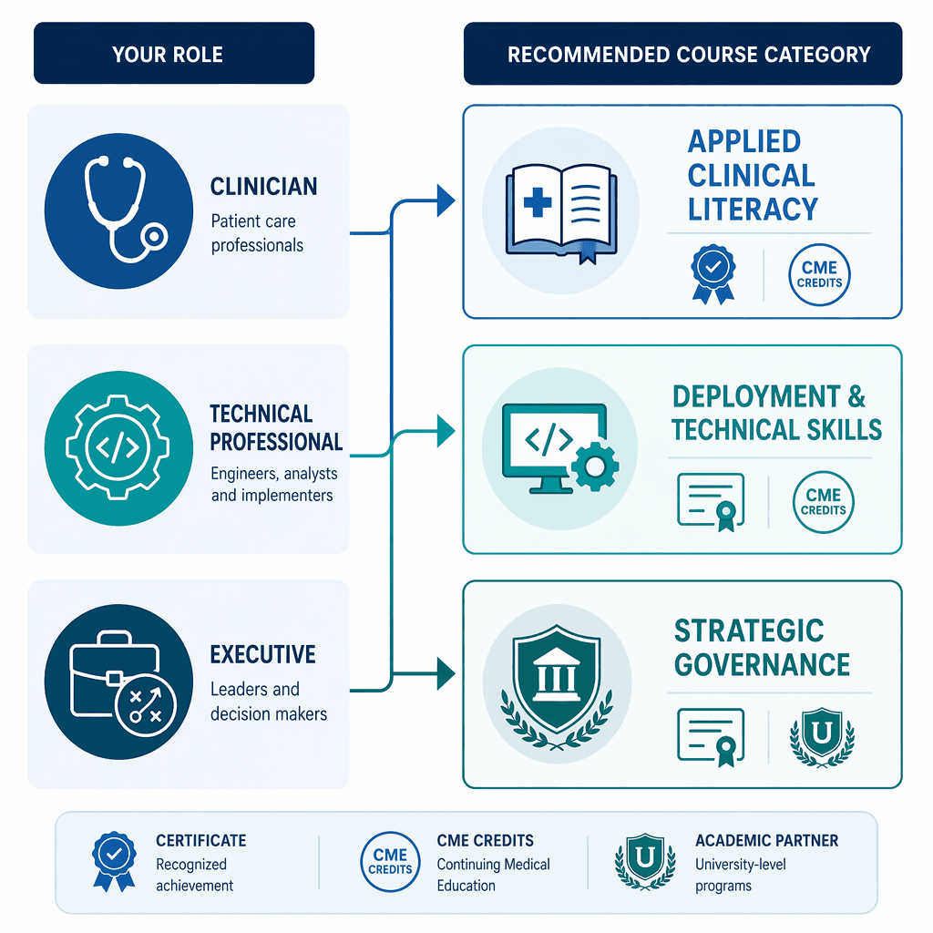 A decision matrix illustration showing three professional role icons (clinician, technical professional, executive) connected via flow arrows to three course categories: Applied Clinical Literacy, Deployment & Technical Skills, and Strategic Governance.