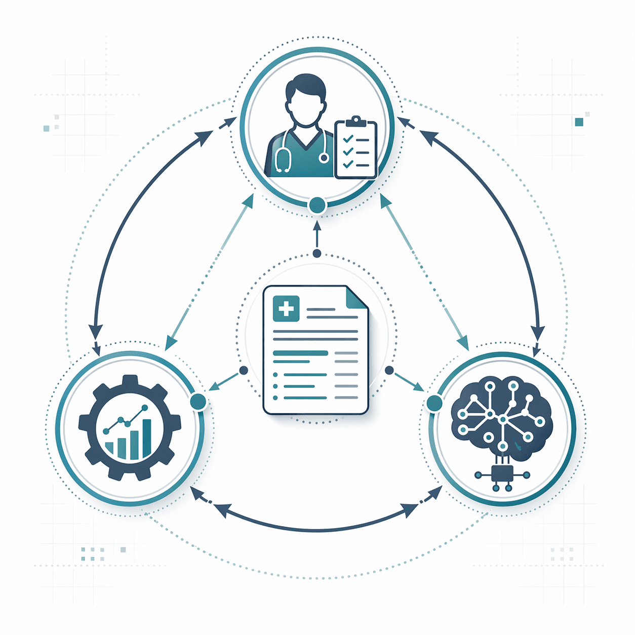 Diagram of the SCRIBE multi-evaluator framework showing three connected nodes: a human reviewer icon, an automated metrics icon, and an LLM-based evaluator icon, all linked by flowing arrows around a central clinical note symbol