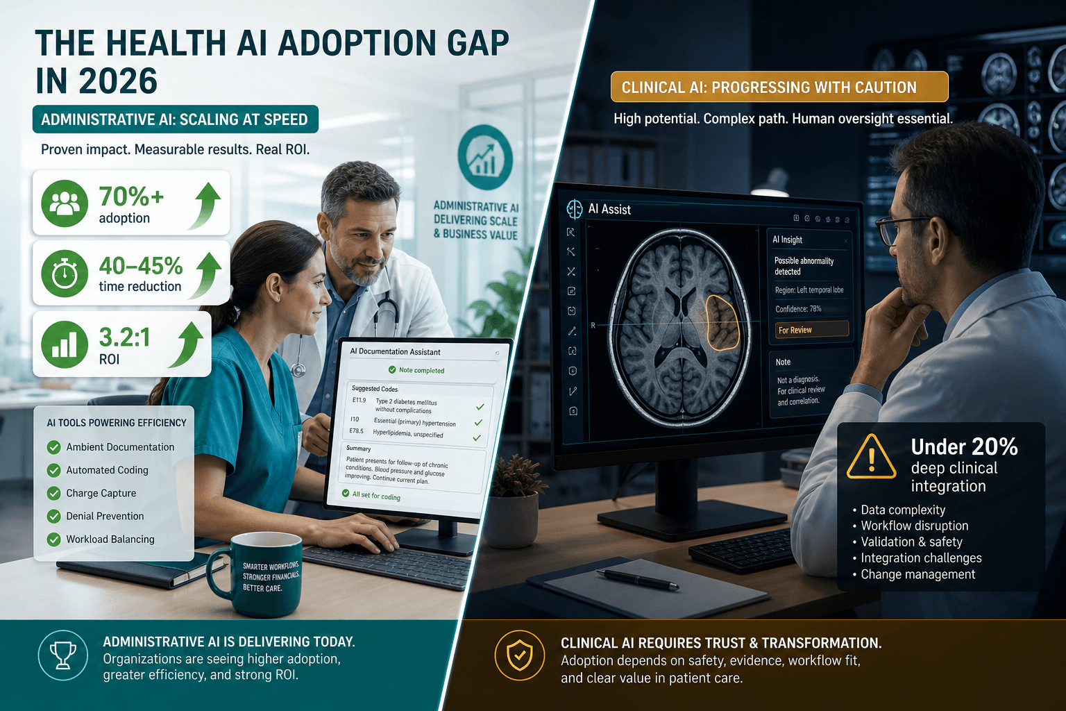Split visual contrasting the health AI adoption gap: bright left side showing admin AI adoption stats (70%+, 40-45% time reduction, 3.2:1 ROI) against a darker right side showing clinical AI with a caution symbol and 'Under 20% deep clinical integration' text.