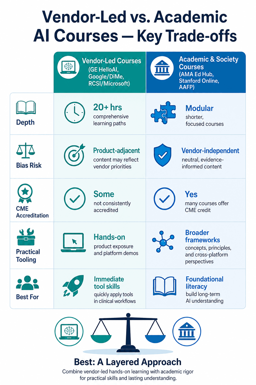 A flat vector infographic comparison chart with two columns: Vendor-Led Courses (GE HelloAI, Google/DiMe, RCSI/Microsoft) in teal on the left and Academic & Society Courses (AMA Ed Hub, Stanford Online, AAFP) in clinical blue on the right, with rows comparing Depth, Bias Risk, CME Accreditation, Practical Tooling, and Best For, and a balanced scale icon at the bottom reading 'Best: A Layered Approach'