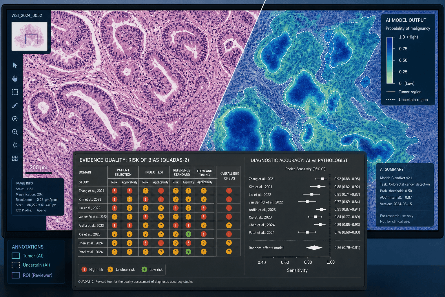 Digital pathology monitor displaying H&E-stained tissue with AI segmentation heatmap overlay and a risk-of-bias matrix in the foreground