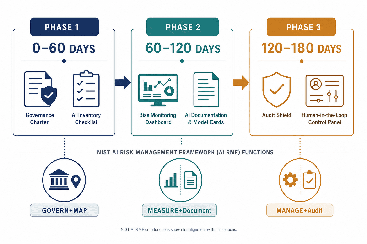 Three-phase horizontal implementation timeline showing Phase 1 (0–60 Days) for GOVERN and MAP, Phase 2 (60–120 Days) for MEASURE, and Phase 3 (120–180 Days) for MANAGE, connected by directional arrows.