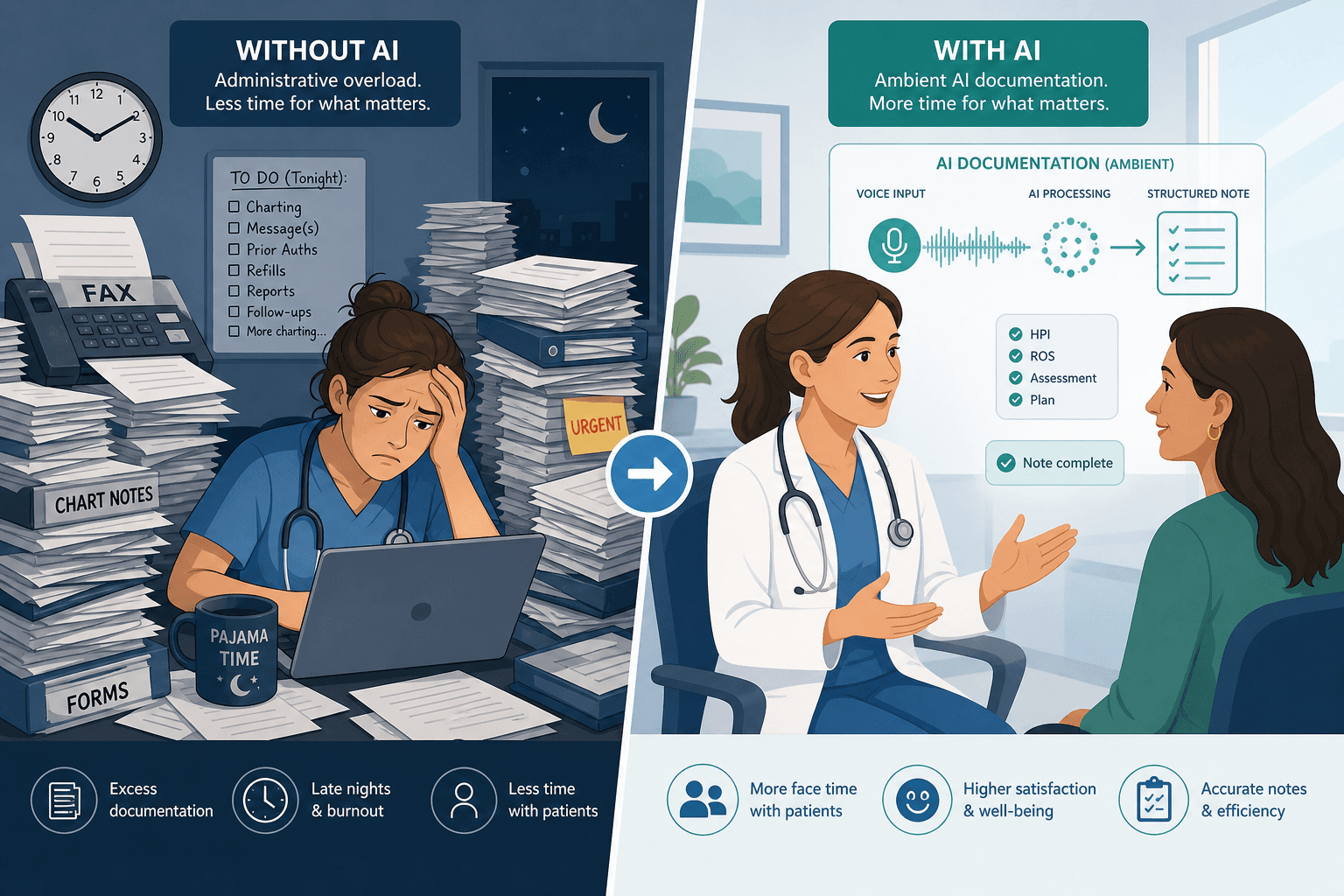 Split-scene illustration contrasting administrative burden with AI-enabled workflow efficiency in a hospital setting.