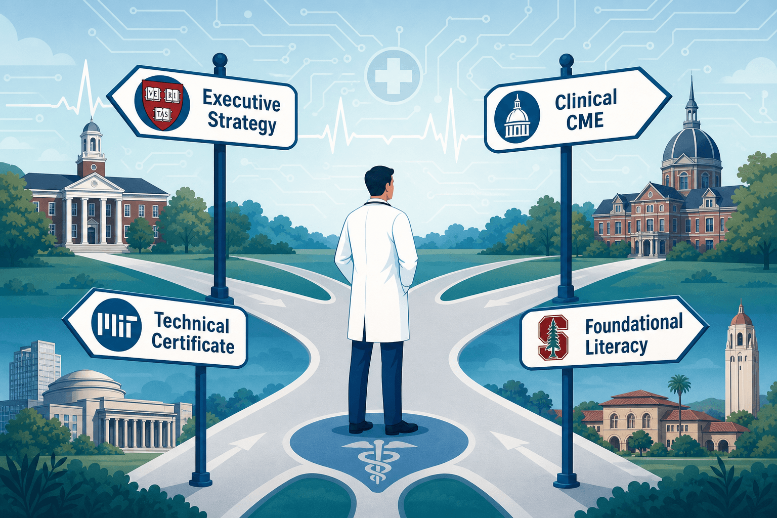 A healthcare professional at a decision crossroad with signposts pointing to Executive Strategy, Clinical CME, Technical Certificate, and Foundational Literacy paths, each leading to a university crest.