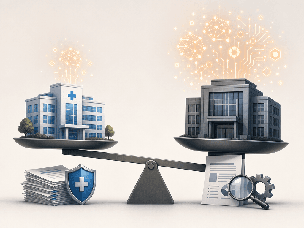An editorial illustration of a balance scale tilted slightly toward the payer side. On the left, a hospital building icon with a shield and paper claims beneath it representing healthcare providers. On the right, an insurance building icon with a document and magnifying glass beneath it representing payers. Small glowing abstract AI geometric symbols float above both sides, with slightly more AI elements clustered above the payer side.