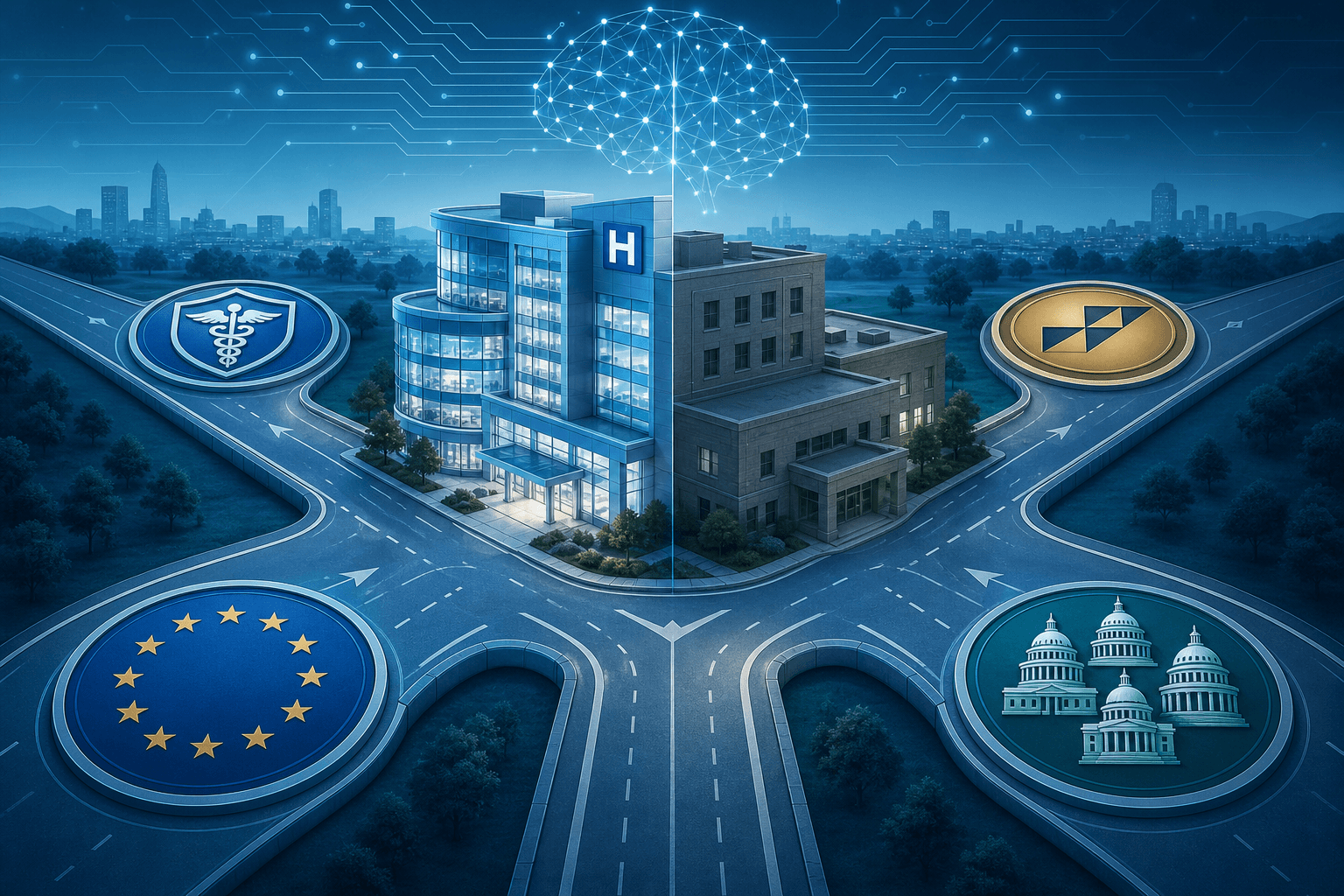 Central crossroads junction with a hospital building split into two halves — large and bright on one side, smaller and muted on the other — with regulatory badges positioned at each road.