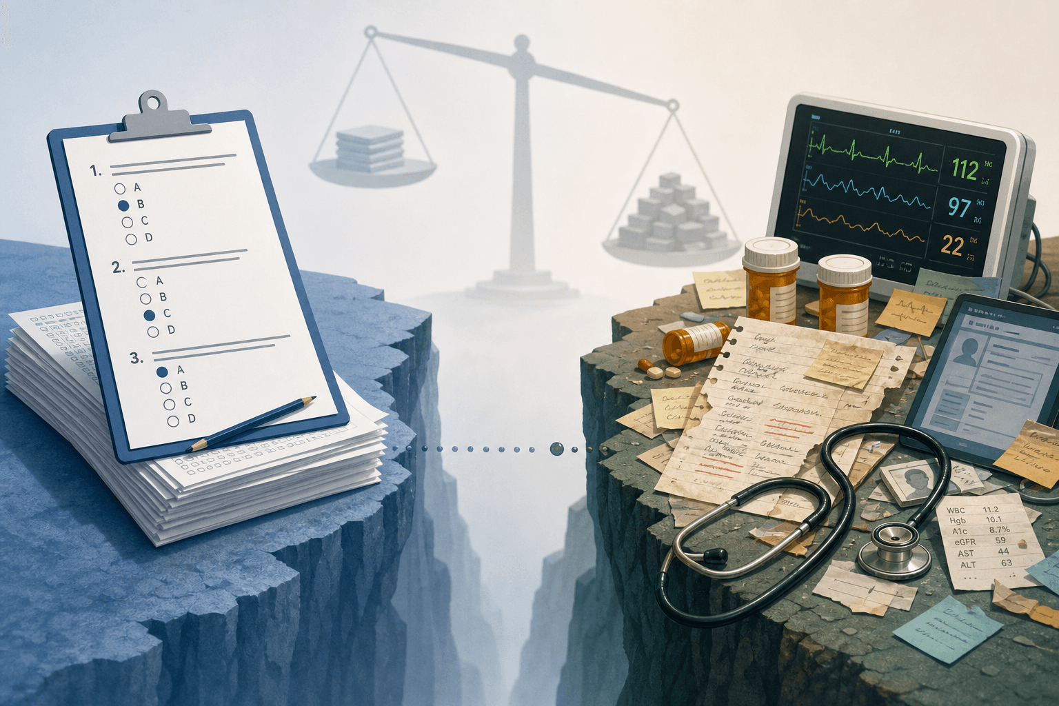 A conceptual editorial illustration contrasting two data sources. The left side shows neat exam-style multiple choice sheets representing simulated data in cool blue tones. The right side shows messy real-world patient data — prescription bottles, vital signs, a fragmented clinical note, and a stethoscope — in warm teal and earth tones. A wide gap separates the two sides with only a tiny dotted path crossing it.