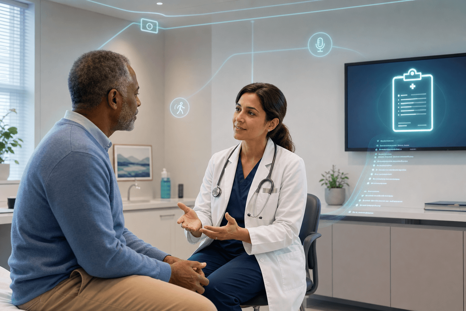 A doctor and patient making direct eye contact in a consultation room with subtle sensor icons embedded in the walls and ceiling, and a ghost-like conversation stream fading into a digital clipboard icon on a nearby screen.