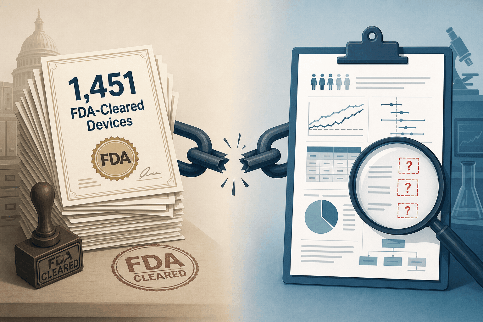 Illustration showing a stack of FDA clearance certificates on the left and a single clipboard with clinical trial documents on the right, with a broken-link gap symbol between them.