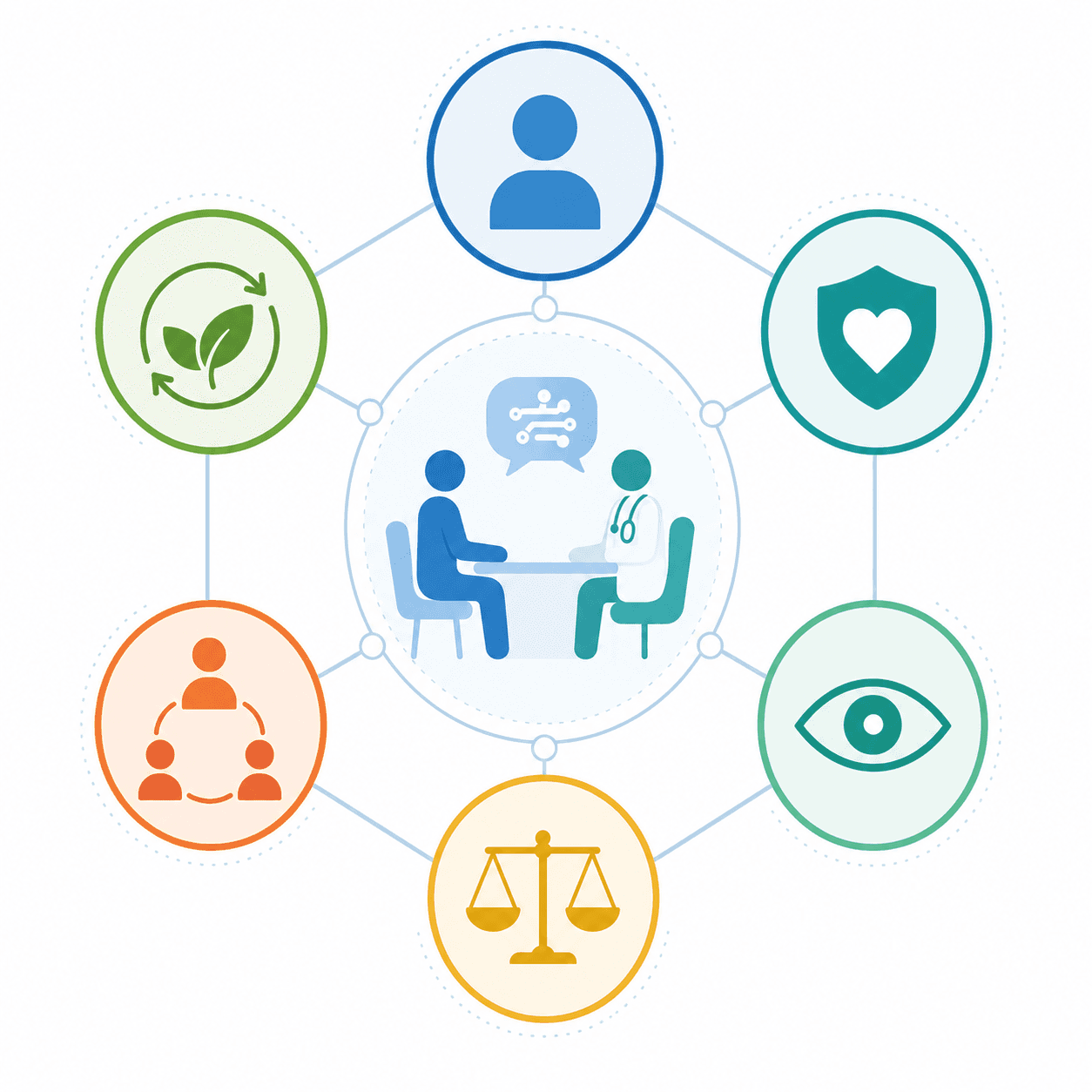Six interconnected hexagonal nodes arranged in a circular pattern, each representing a WHO ethical principle for AI in healthcare, connected to a central area with two clinical figures and a digital speech bubble.