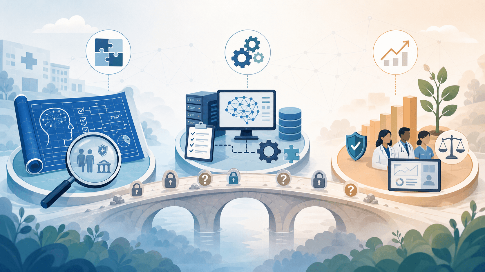 An editorial illustration showing three interconnected stages of AI clinical implementation flowing left to right: Planning with a blueprint and magnifying glass icon showing lock and question mark barrier symbols, Implementing with a technical integration icon showing data and system challenge symbols, and Sustaining with a growth icon showing monitoring and ethical concern symbols, with a bridge structure connecting all phases.