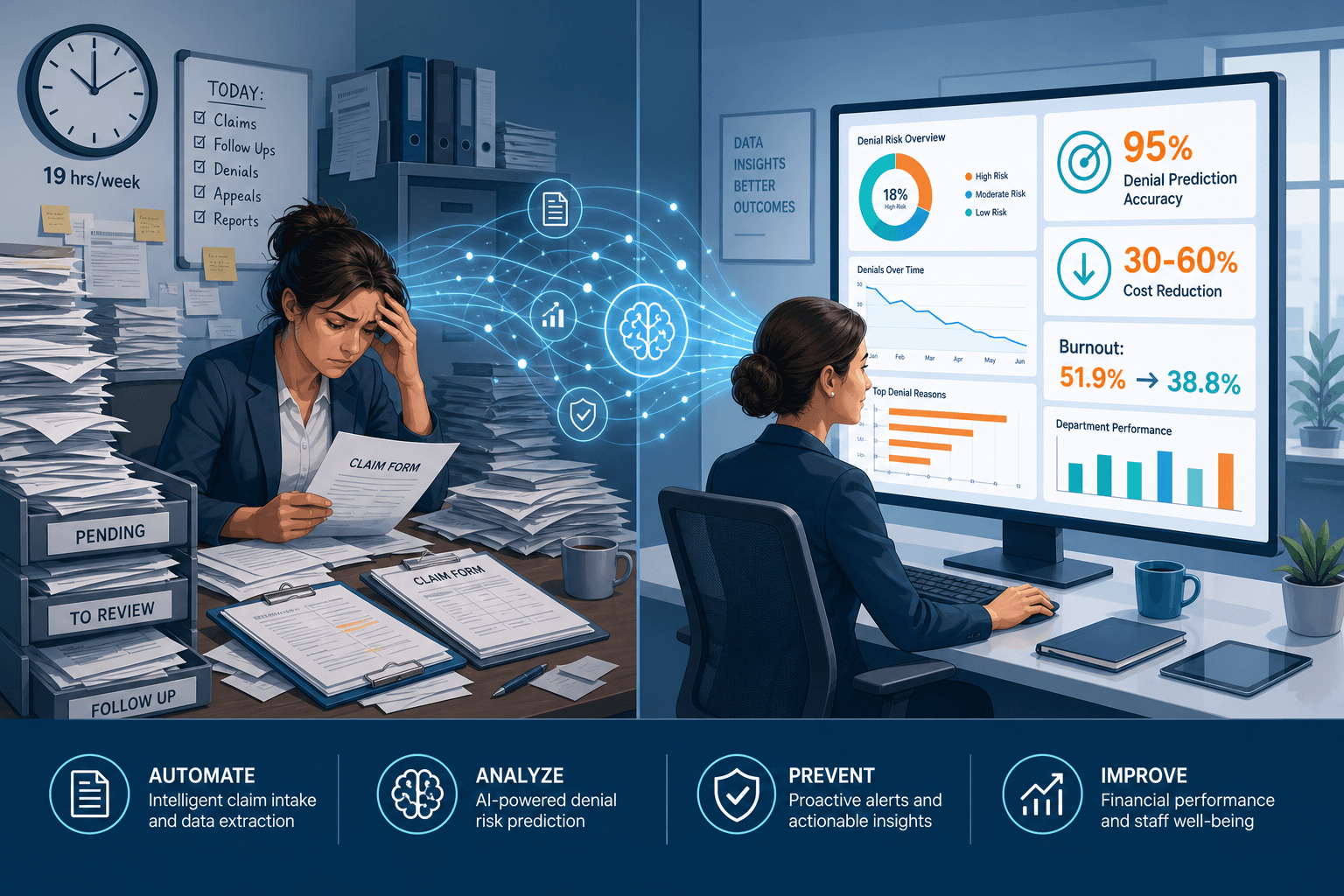 Split-view illustration of a hospital administrative office: left side shows paper claims and a clock reading 19 hours per week; right side shows a digital dashboard with AI benchmark metrics.