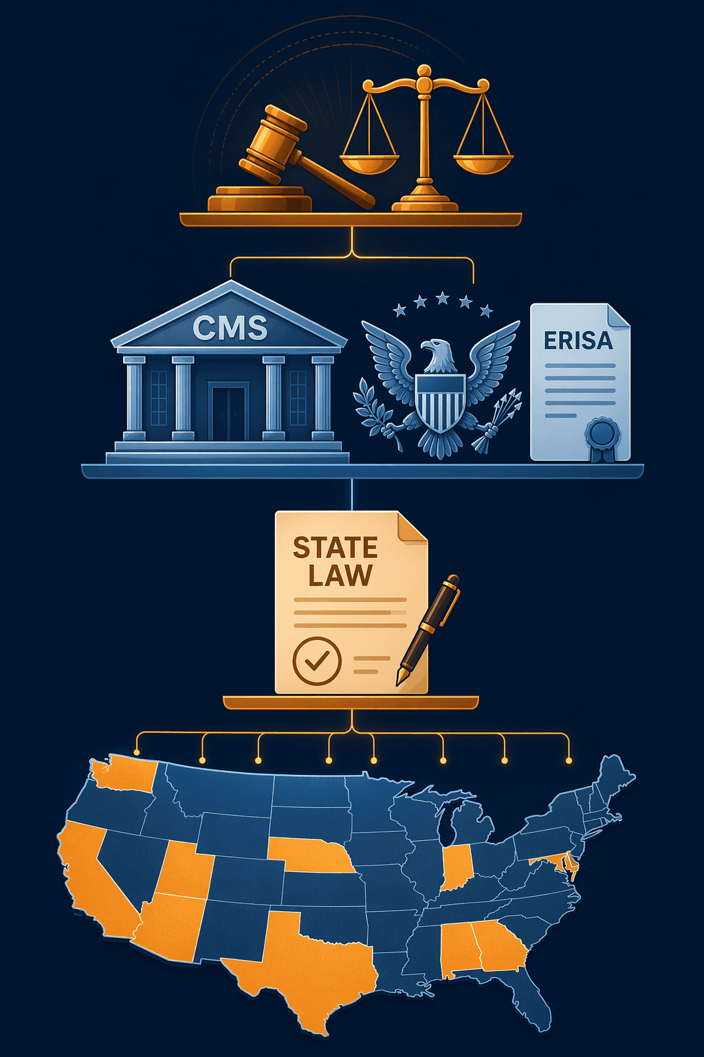 An editorial illustration showing the multi-layered regulatory landscape for AI in health insurance, with state laws, federal CMS and ERISA oversight, and judicial review arranged in a hierarchy.