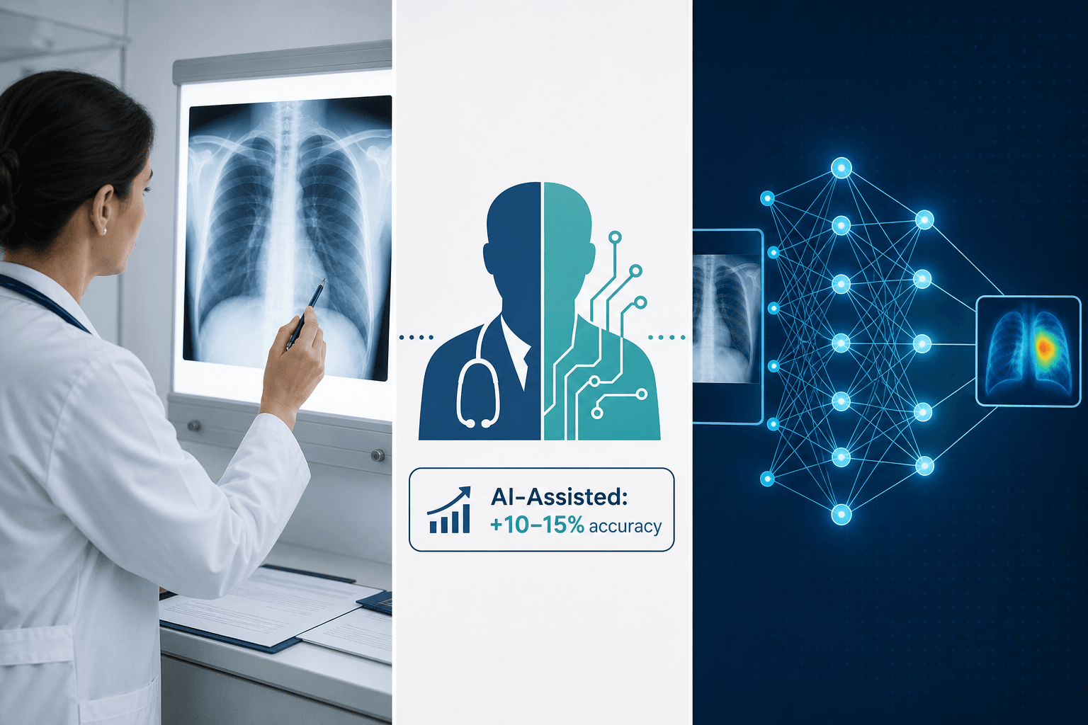 Split editorial illustration: left side shows a human physician reviewing a chest X-ray; right side shows an abstract neural network; center panel shows a combined human-AI icon with a callout reading 'AI-Assisted: +10–15% accuracy'.