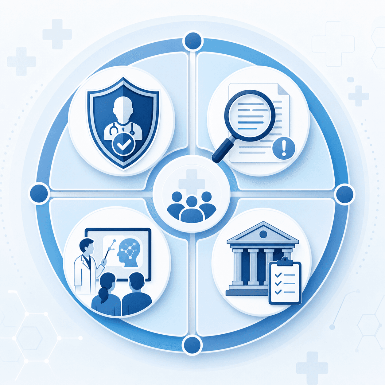A four-part governance framework illustration showing interconnected safety elements including human review, error detection, clinician training, and organizational policy.