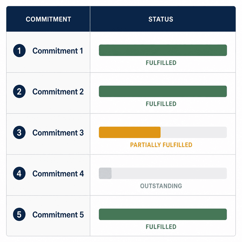 Five-row regulatory compliance scorecard showing fulfillment status for each of the five FDA AI/ML SaMD Action Plan commitments