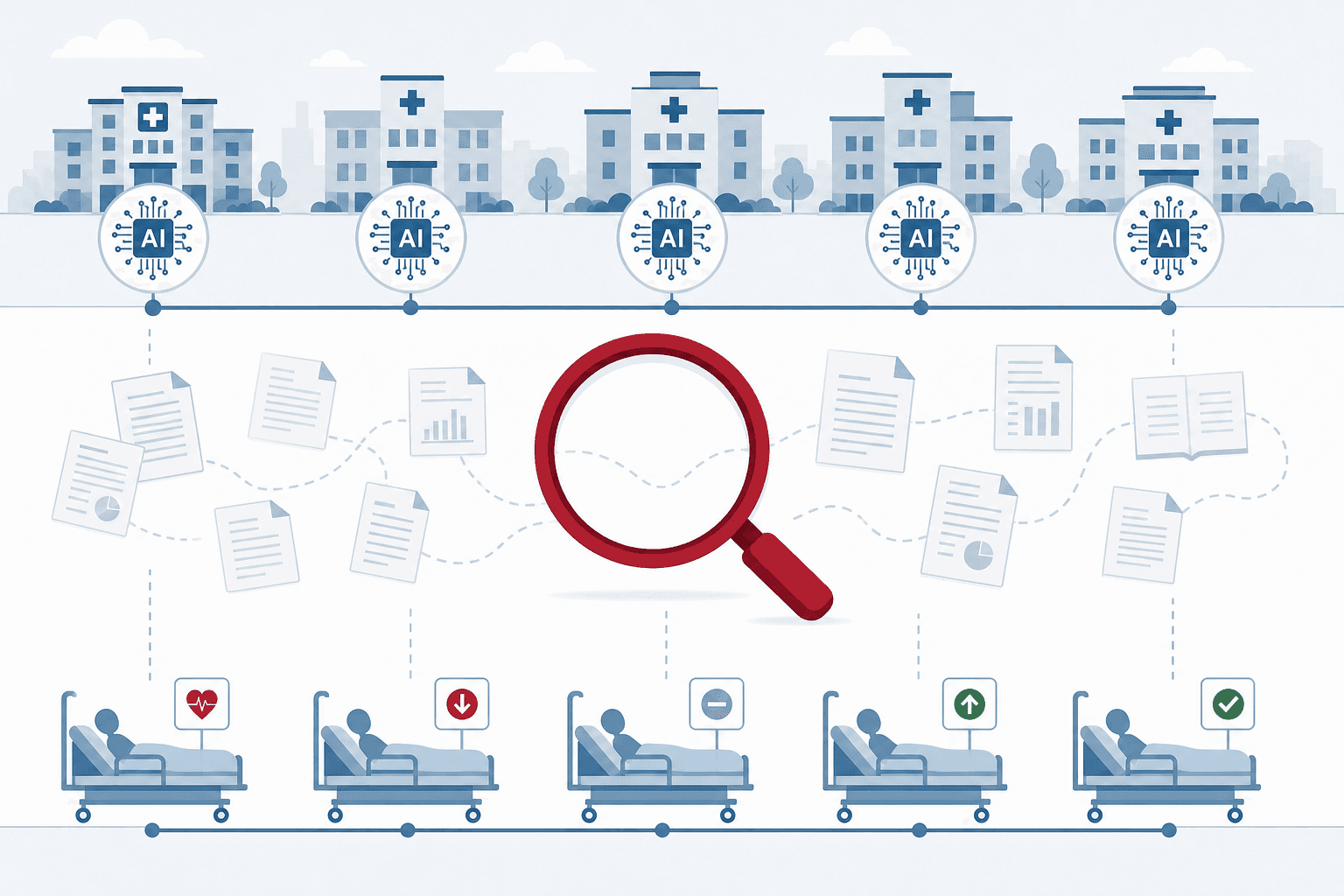 Editorial illustration showing hospital and AI chip icons separated by a gap from patient bed icons with health outcome indicators, with a red magnifying glass examining the disconnect