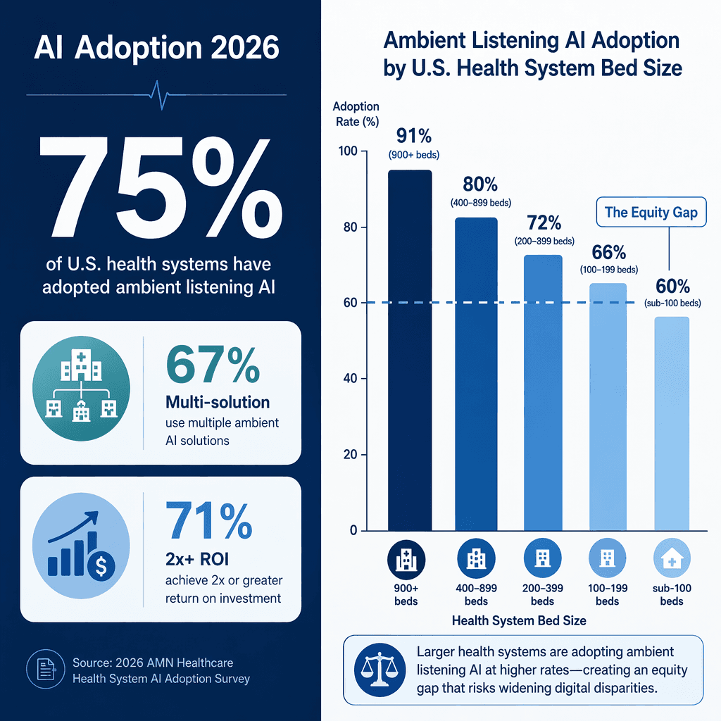 Split-screen infographic showing 75% AI adoption headline on the left and a vertical bar gradient of adoption rates by bed size on the right, with a dashed line labeled 'The Equity Gap'.