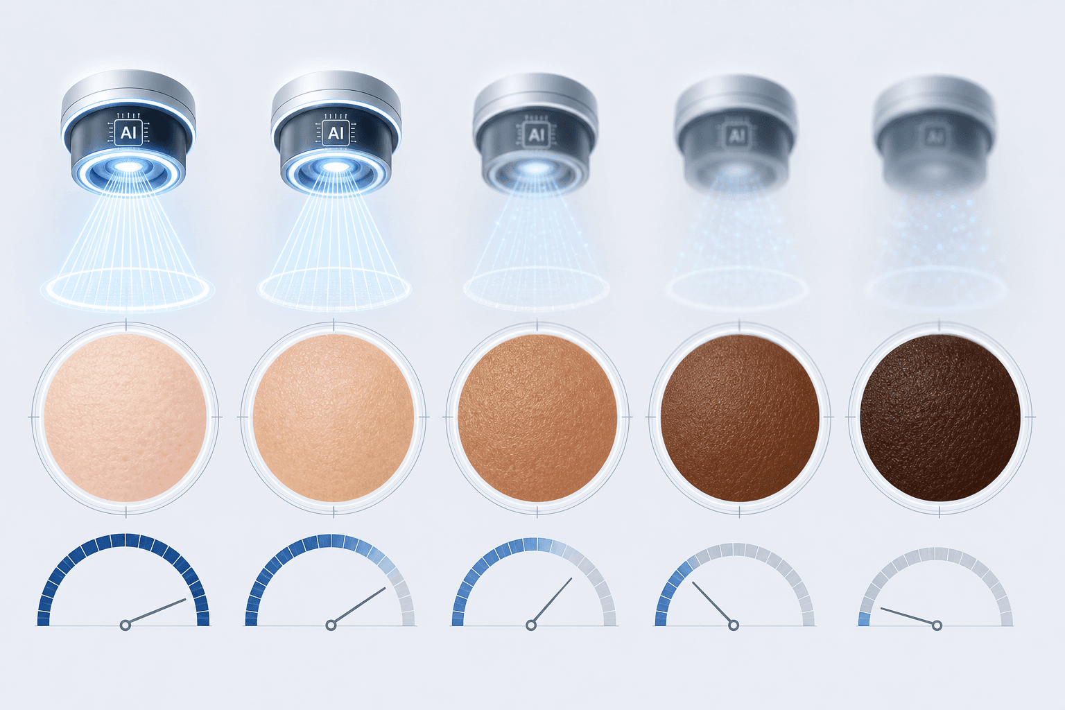 Five circular dermoscopic examination zones arranged across a Fitzpatrick skin tone spectrum from light to dark, with AI scanning arcs that are bright and sharp over lighter zones and progressively dimmer over darker zones, and performance bars decreasing from left to right.
