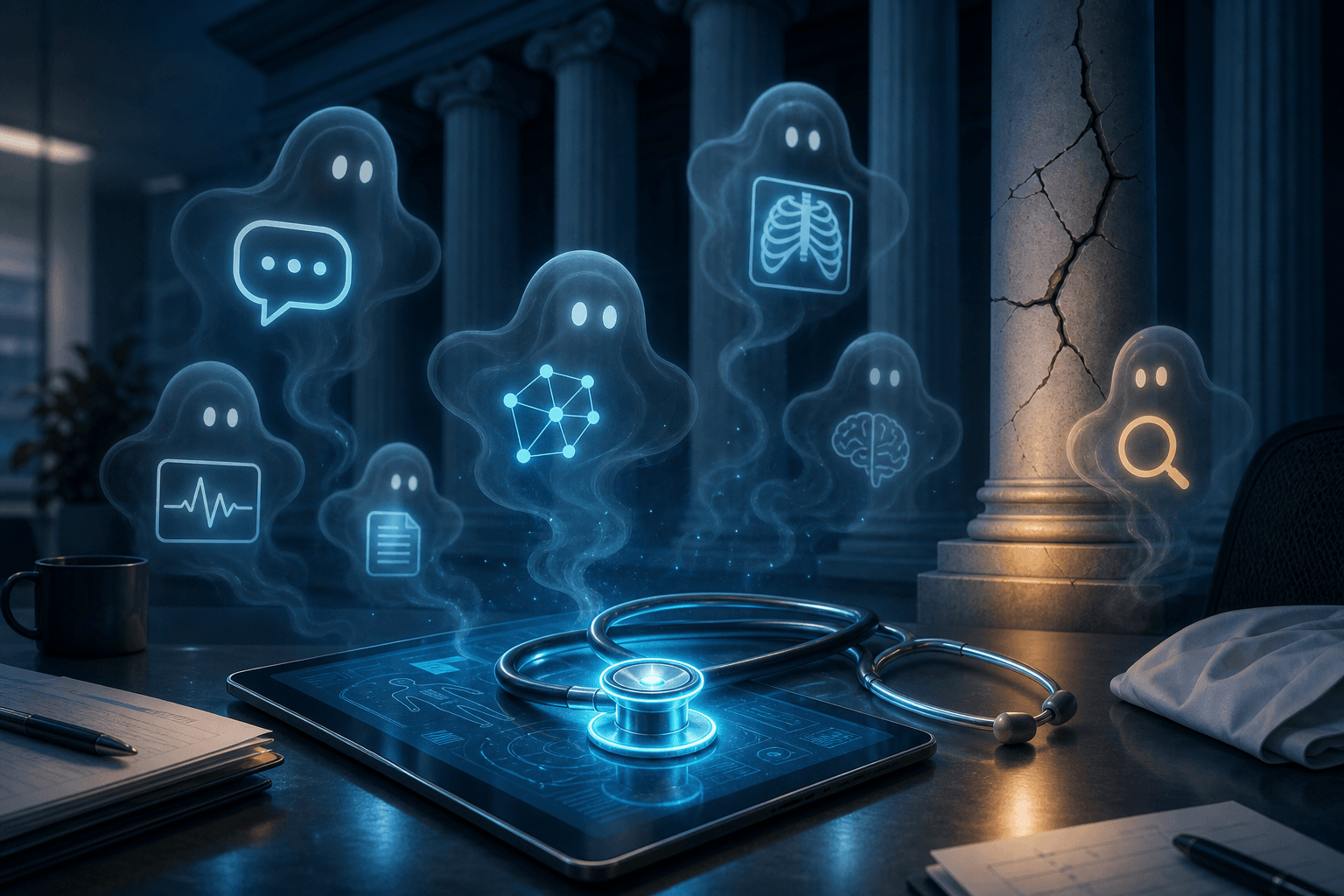 A clinical desk scene with a stethoscope and tablet surrounded by translucent shadowy AI icons and chat bubbles, representing unapproved shadow AI tools, with faint cracked governance pillars in the background.