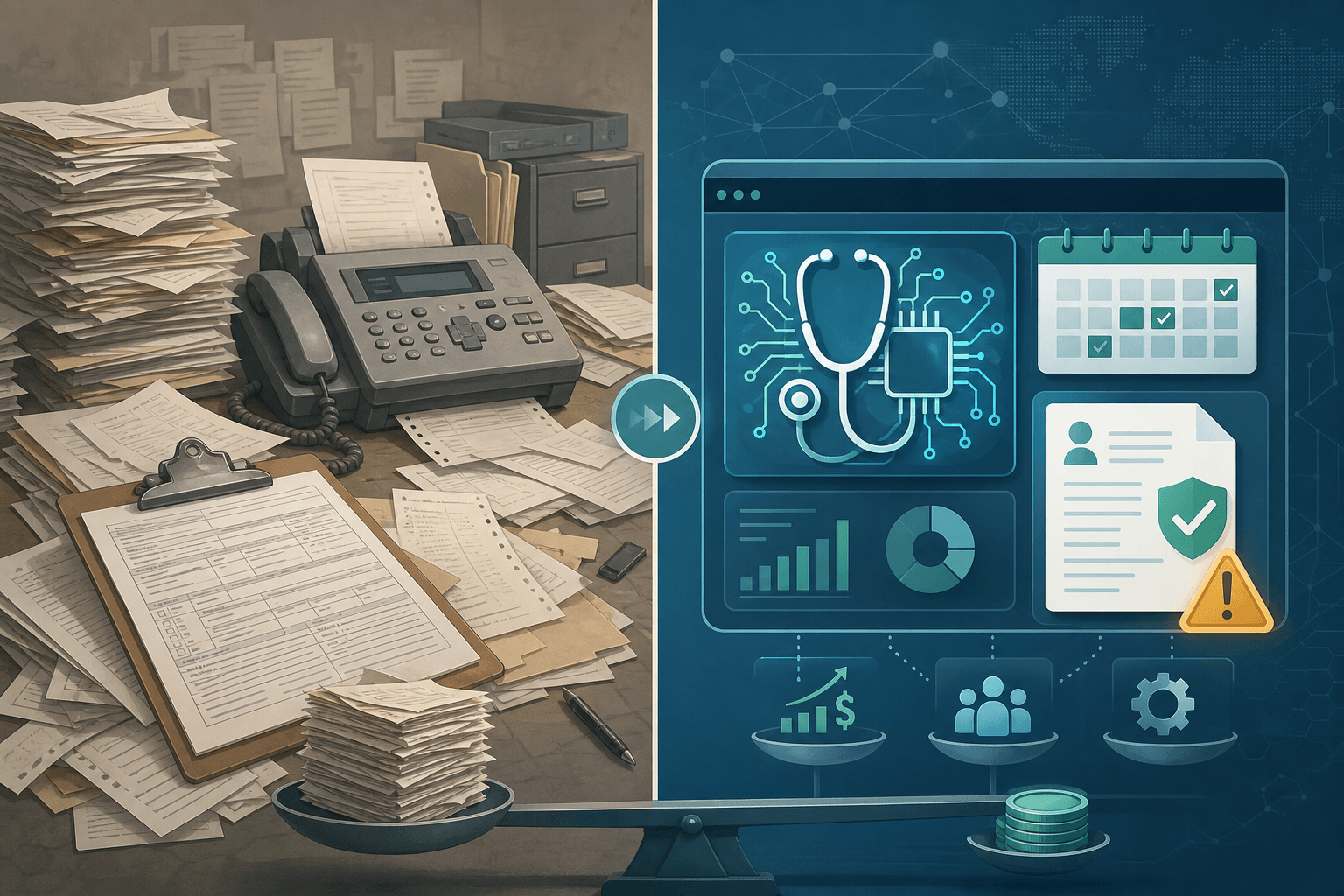 Split composition illustration showing chaotic paperwork on the left and a clean digital AI interface with a warning triangle on the right.