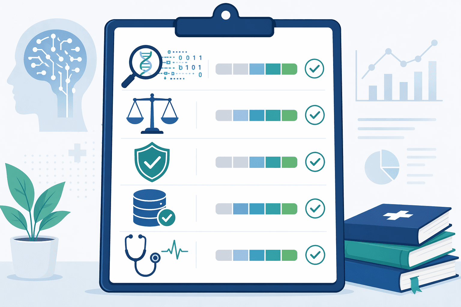 A flat-vector editorial illustration of a clinician's clipboard showing five evaluation criteria icons: a magnifying glass over a data stream for diagnostic accuracy, a balanced scale for bias assessment, a shield with a checkmark for regulatory status, a database cylinder for validation data, and a stethoscope with a heartbeat line for clinical relevance, each accompanied by a small horizontal rating bar on a clean white background with blue-teal-green palette.