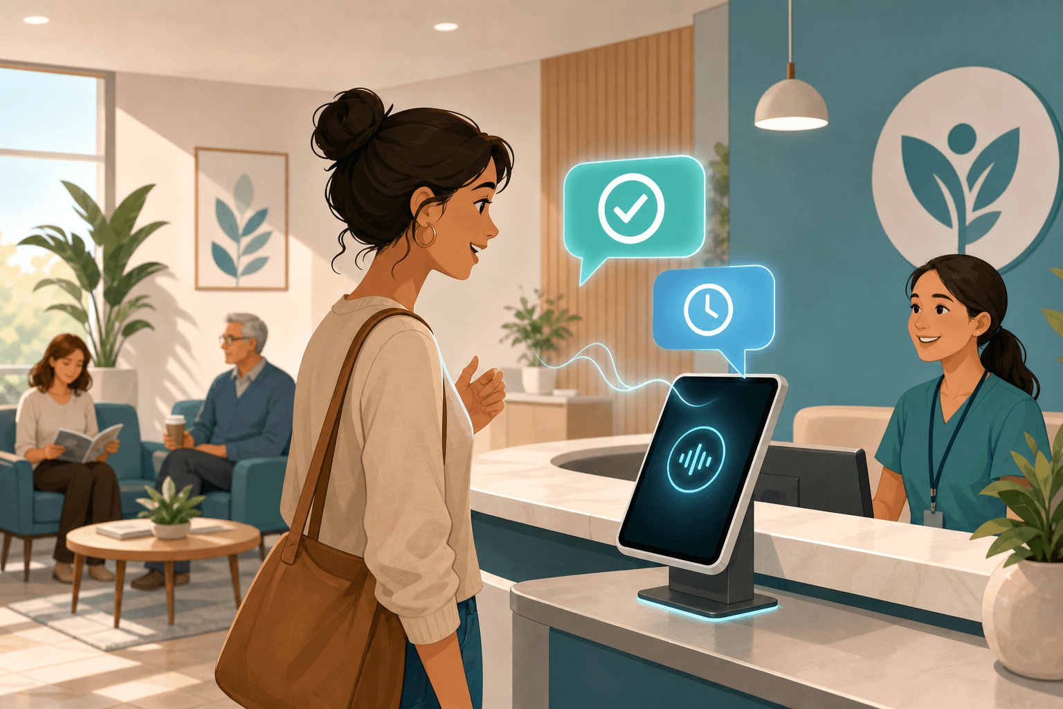 A patient at a healthcare reception area interacting with a tablet interface showing soft glowing speech bubbles with a check-in symbol and clock icon. Other patients sit comfortably in the background, suggesting reduced wait times.