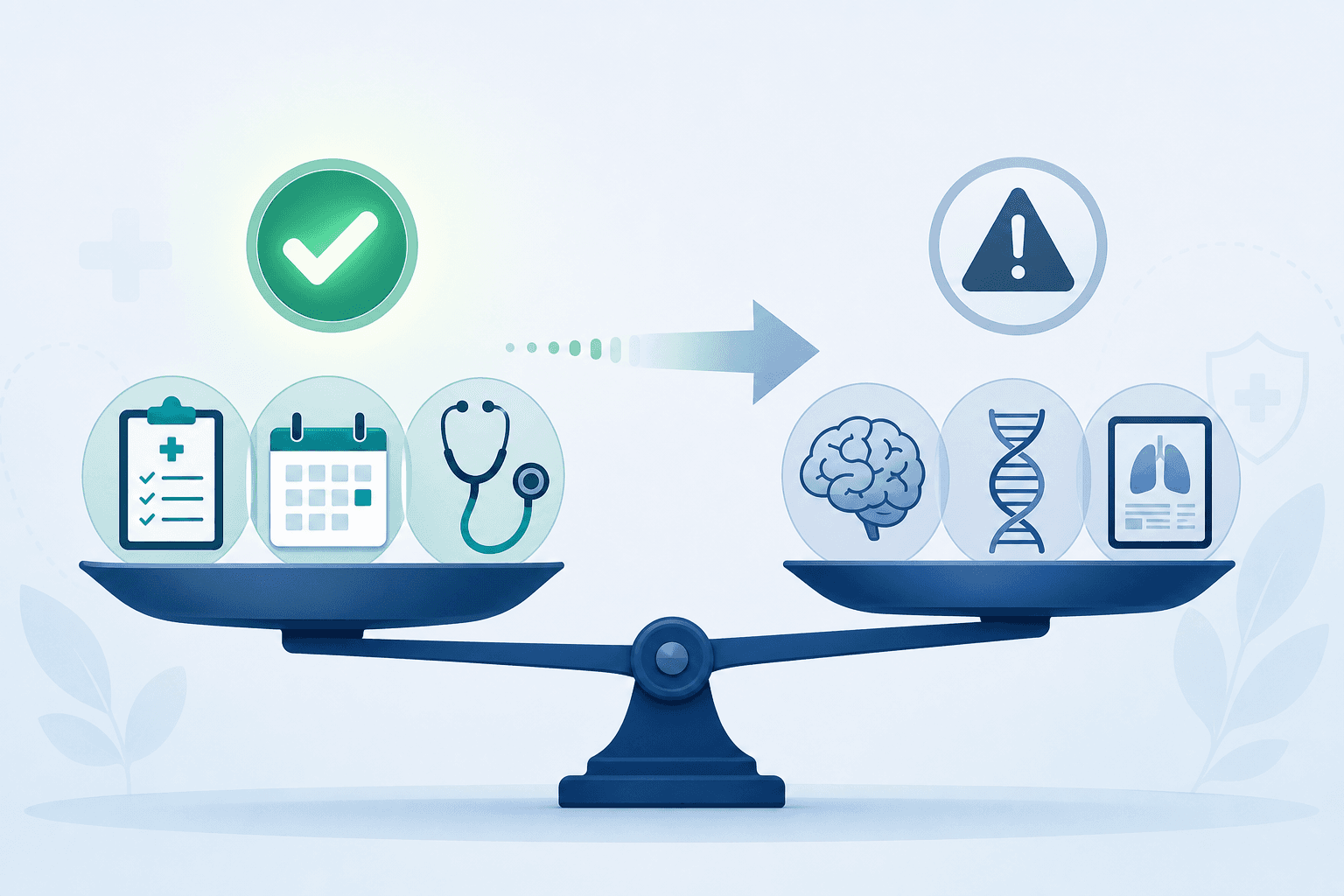 An editorial comparison illustration showing two sides. On the left, a green checkmark above workflow automation icons (clipboard, calendar, stethoscope) representing proven ROI in documentation and triage. On the right, a caution symbol above diagnostic icons (brain, DNA helix, diagnostic chart) representing under-20% adoption in autonomous clinical diagnosis.