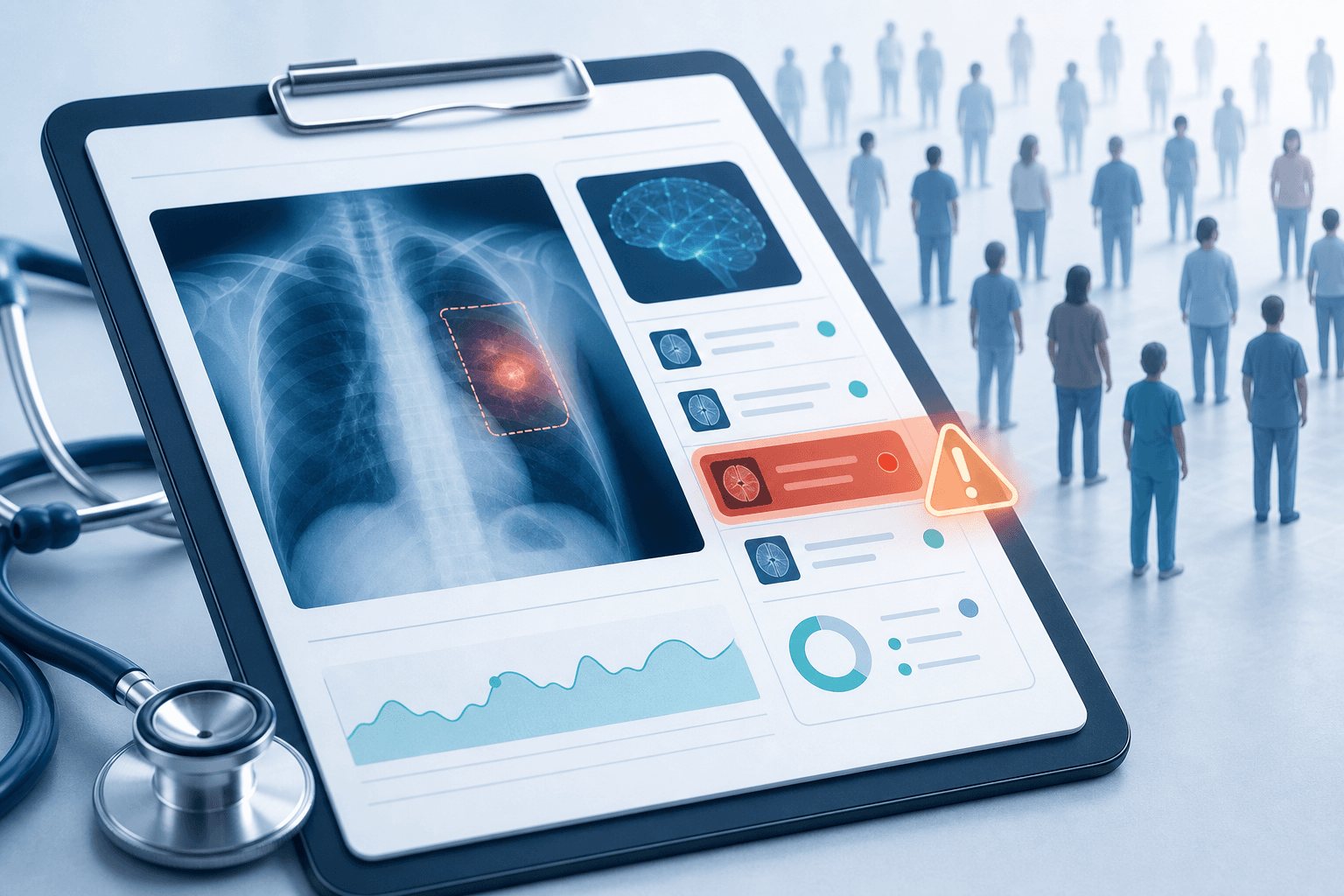 A medical clipboard or tablet showing AI diagnostic output with sections highlighted in warning red and amber with subtle caution symbols, a stethoscope partially visible, and faint patient figure silhouettes in the background representing the scale of clinical impact.