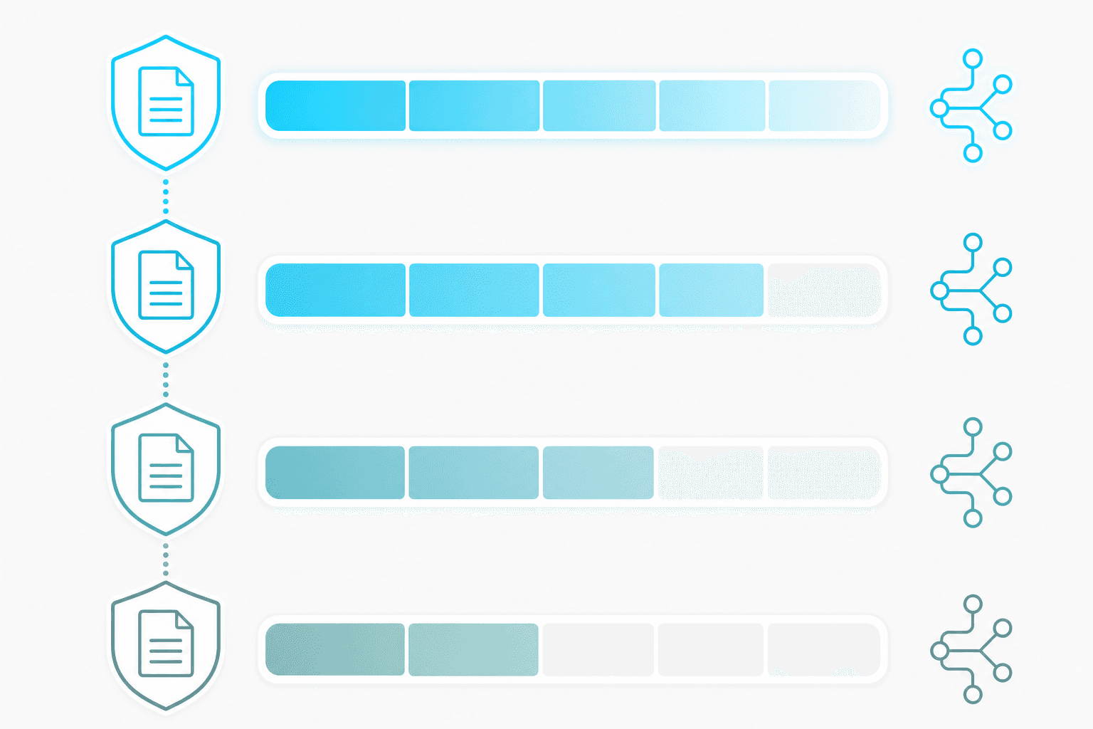 Four horizontal rows on a light background, each representing a clearance generation with a shield-document badge on the left, a horizontal progress bar in the center, and a circuit-node symbol on the right, connected by a vertical dotted line forming a version ladder with colors transitioning from muted teal at the bottom to bright cyan-white at the top.