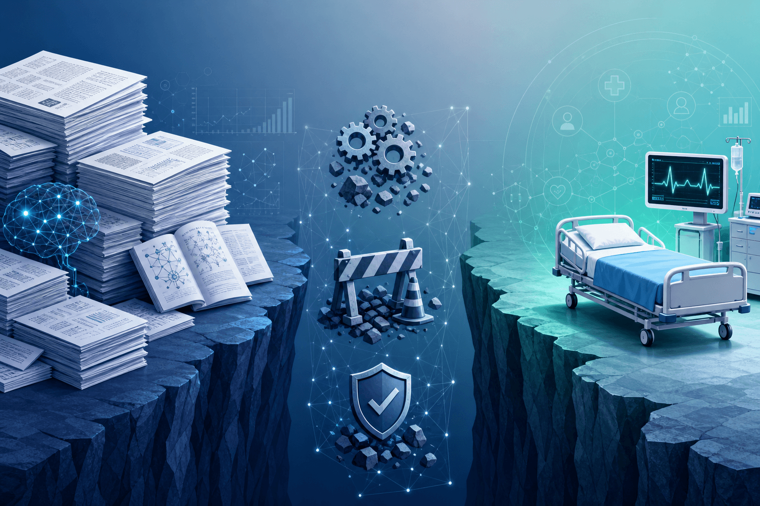 A schematic illustration showing the translational gap between stacks of AI research papers and a hospital bedside, with floating barrier icons in between.