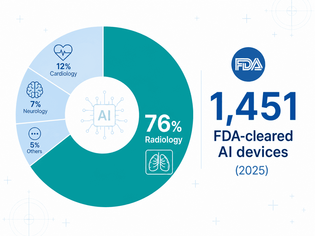 An editorial illustration showing FDA regulatory data for AI medical devices. A teal donut chart highlights a 76% radiology segment, with smaller segments for cardiology and neurology in lighter blues. Beside the chart, a callout reads '1,451 FDA-cleared AI devices (2025)' next to a small FDA icon.
