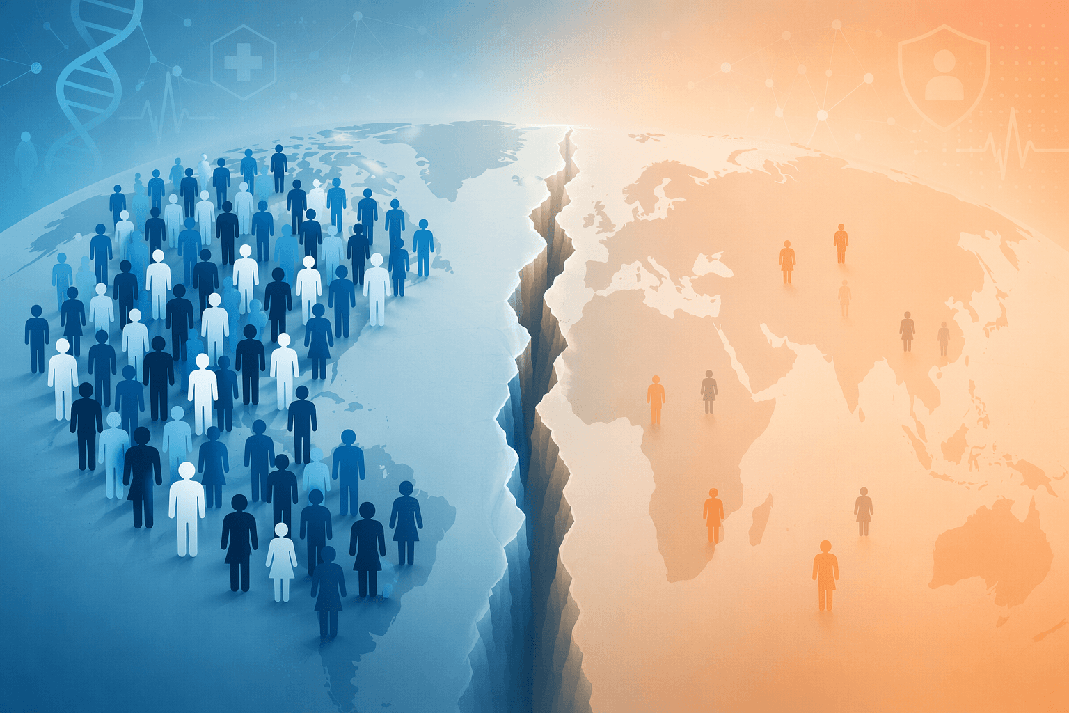 A globe silhouette in the background with small human figure icons clustered densely on one side representing European-descent populations, while the other side has sparse faded figure icons representing underrepresented populations, divided by a subtle visual gap.