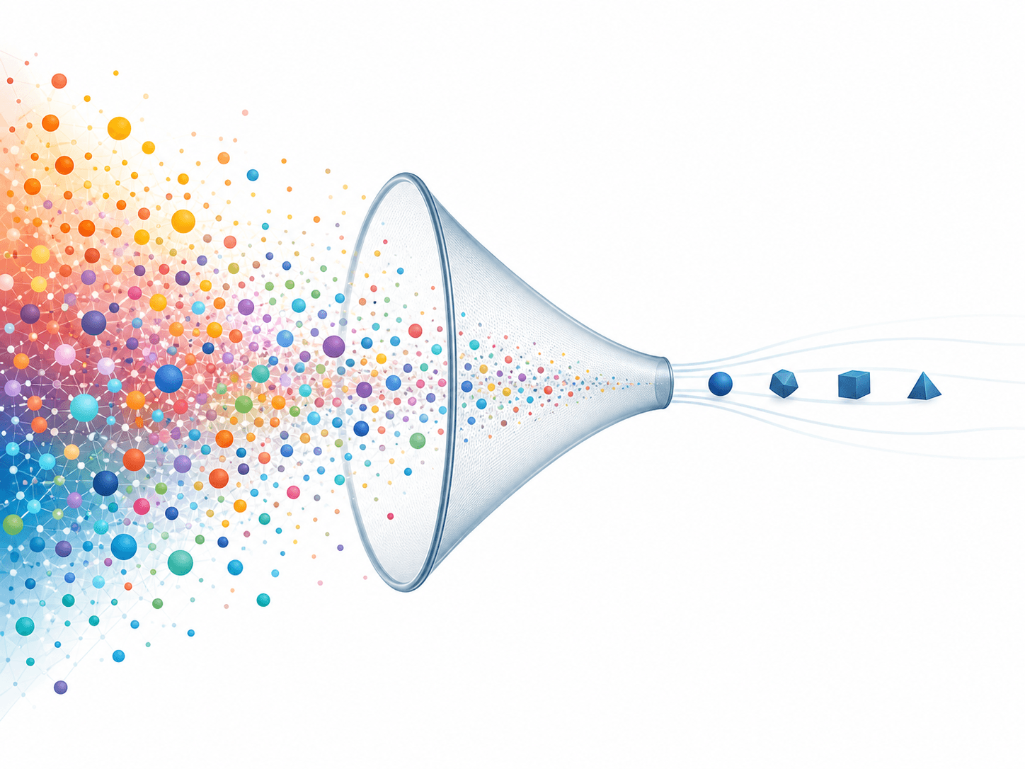 A conceptual editorial illustration showing a funnel-like flow from left to right. On the left, a dense cluster of warm-colored glowing dots representing numerous AI tools and algorithms flows through a narrow constriction, emerging on the right as only a small number of solid, cooler-toned elements — visually representing the scarcity of rigorous evidence relative to the abundance of AI technologies being deployed.