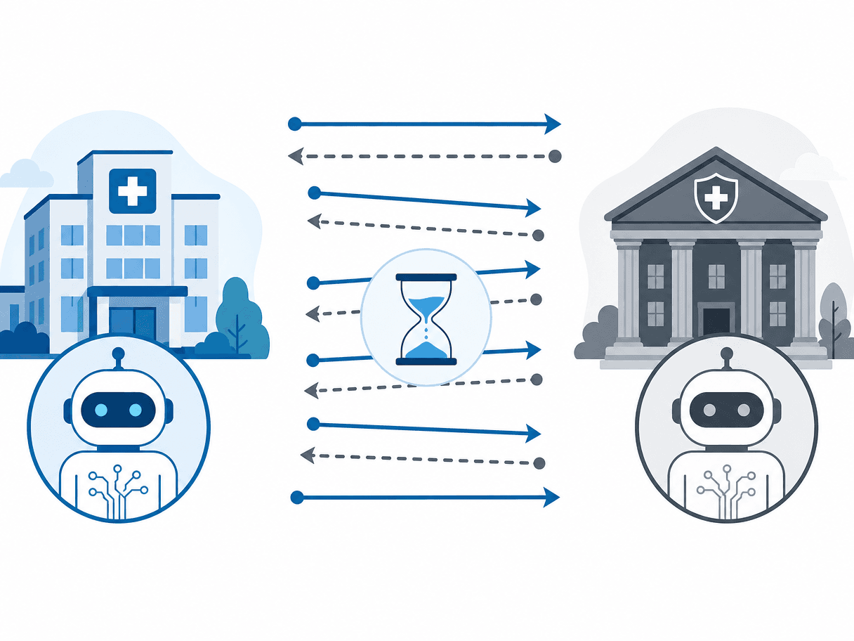 Editorial illustration showing a hospital icon with an AI symbol sending a prior authorization request to a health insurance building icon with an AI symbol, which returns a denial, with zigzagging ping-pong loop arrows and an hourglass in the center.