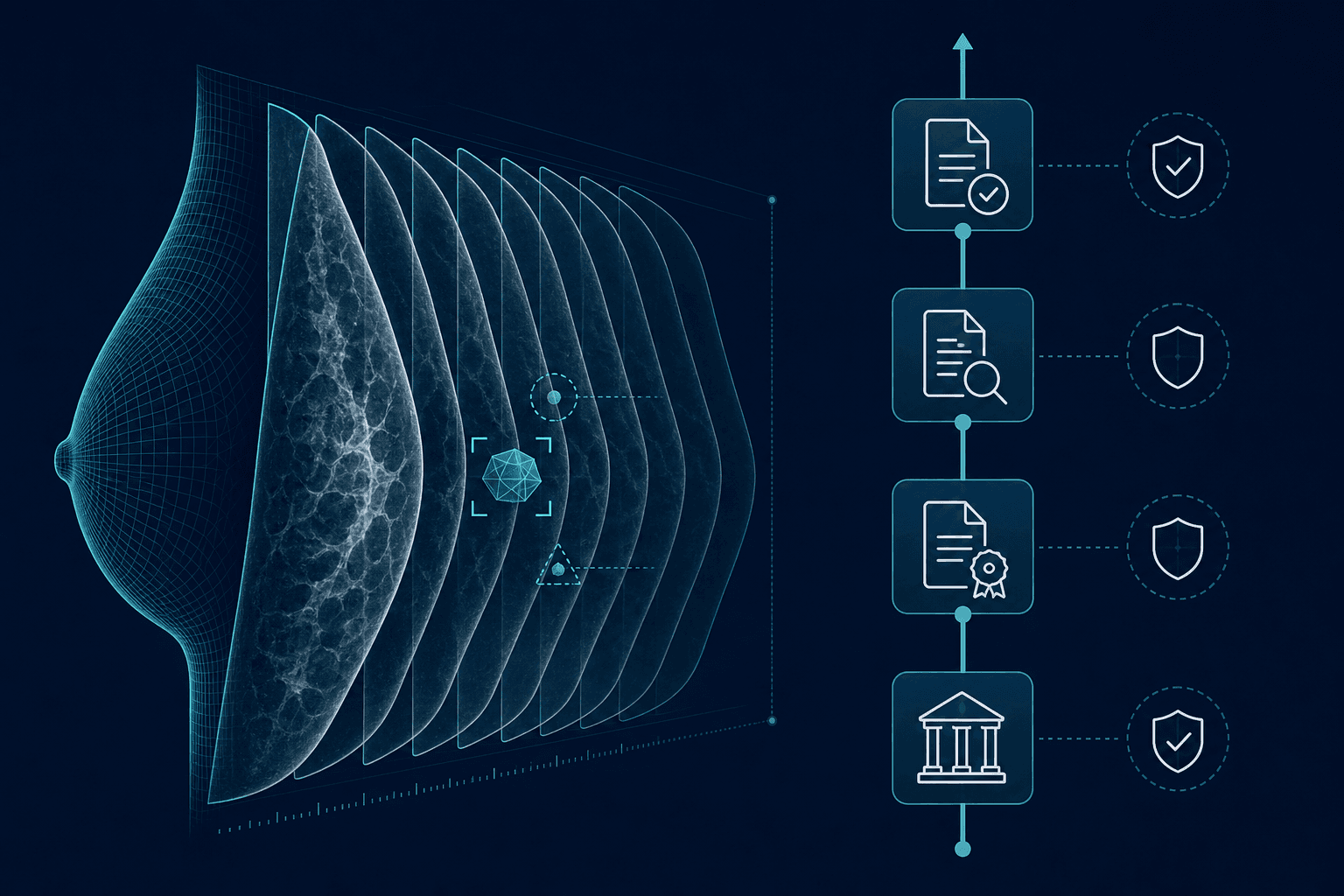 Stylized digital breast tomosynthesis visualization on the left with layered wireframe breast contour slices and AI detection markers, alongside a vertical regulatory timeline with four milestone nodes on the right, rendered in teal and cyan on a dark navy background.