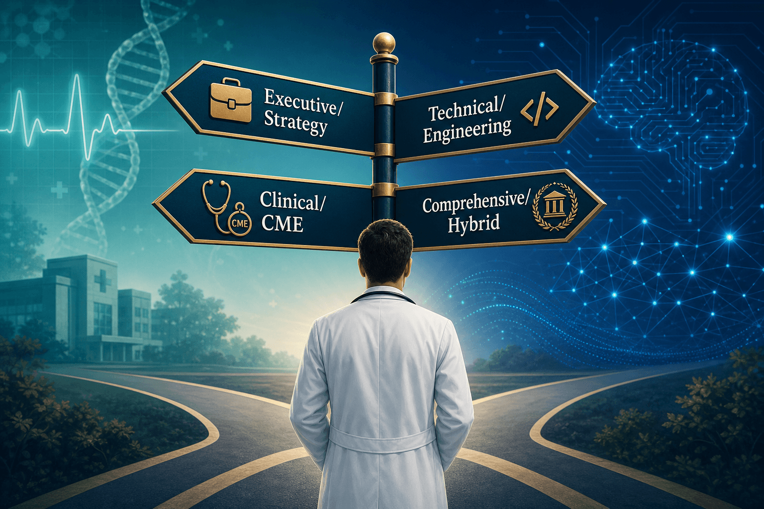 A medical professional in a white coat with stethoscope stands at a crossroads with four signposts labeled Executive/Strategy, Technical/Engineering, Clinical/CME, and Comprehensive/Hybrid.