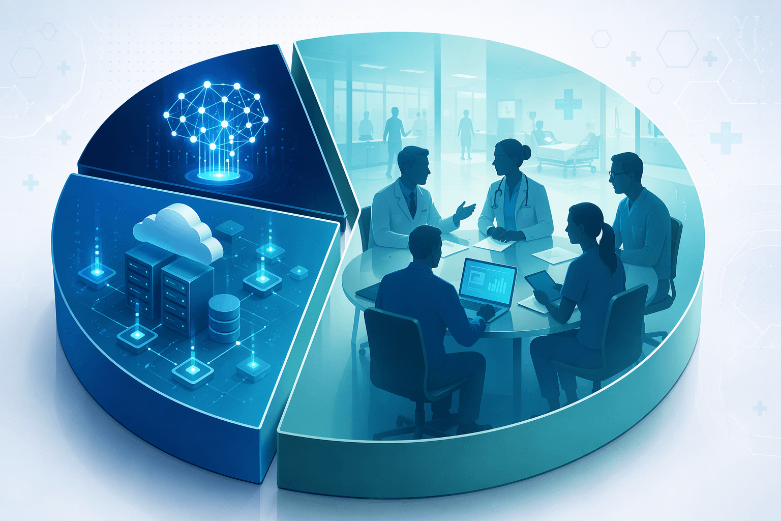 A proportional visual representation of BCG's 10-20-70 rule for AI transformation: the largest segment shows silhouettes of clinicians in collaborative discussion symbolizing 70% people and process change, the middle segment shows connected servers and cloud nodes symbolizing 20% technology infrastructure, and the smallest segment shows a glowing neural network node symbolizing 10% algorithms — in a blue-teal-cyan palette.