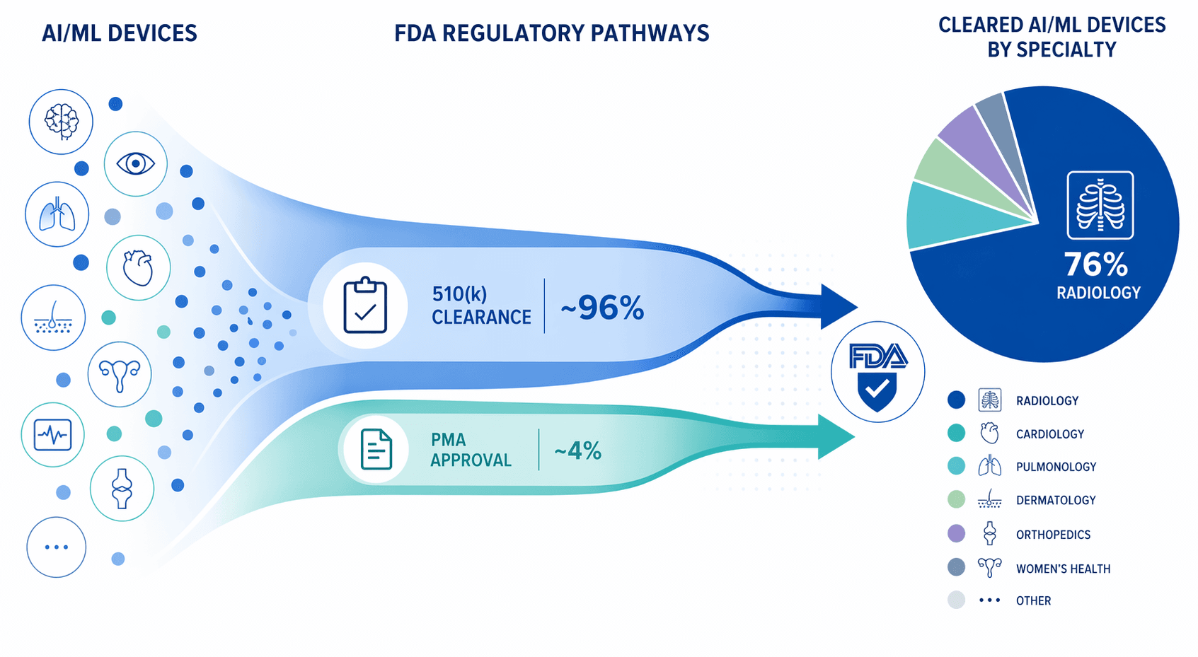 An infographic showing FDA regulatory pathways for AI medical devices, with a flow diagram depicting 510(k) as the dominant pathway and a pie chart showing radiology as the largest specialty.