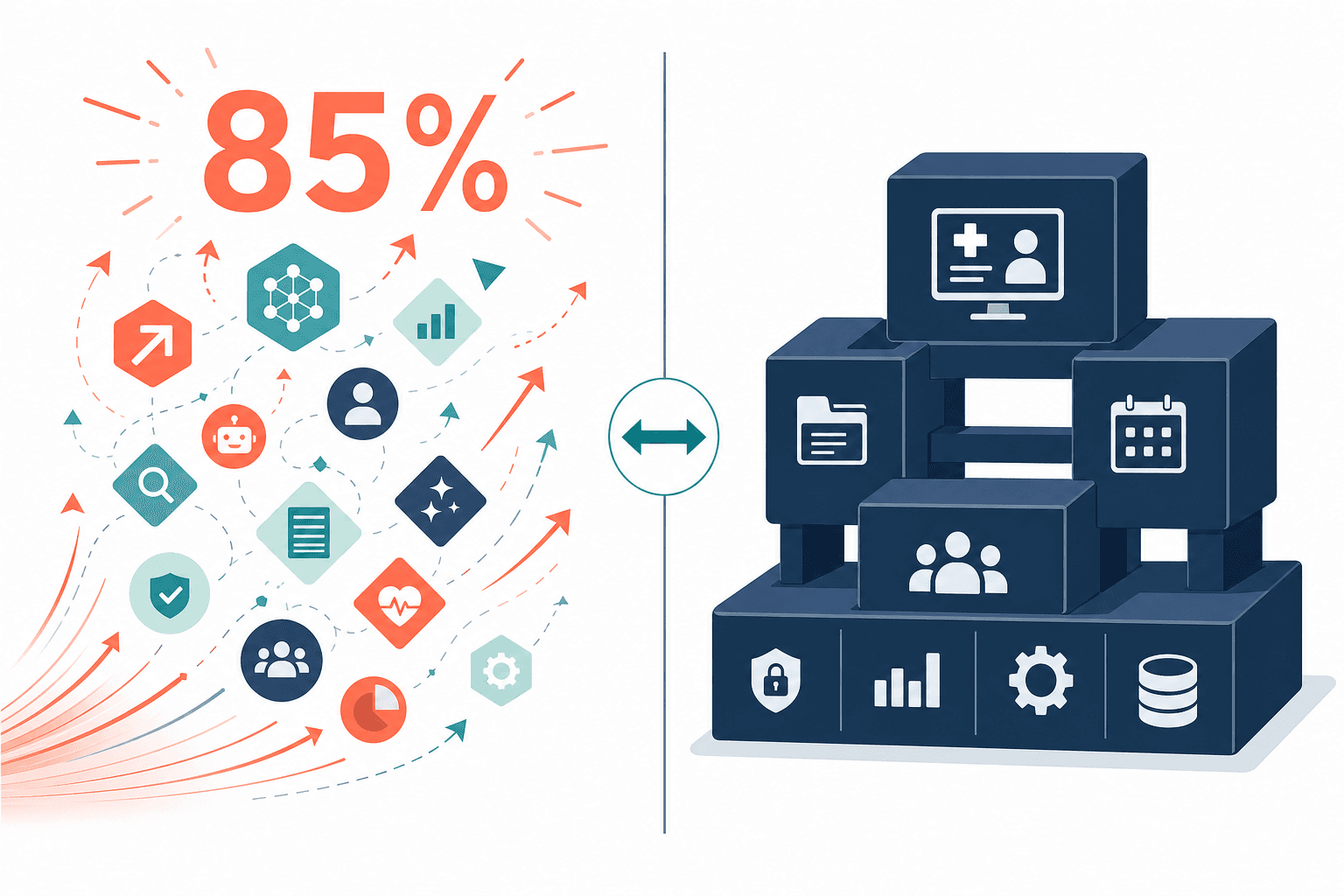 A two-column editorial illustration comparing AI-native startups and EHR incumbents. The left side shows small multi-colored geometric icons representing agile startups, with an 85% figure indicating their market share of AI spend. The right side shows large interconnected navy-blue platform blocks representing established EHR incumbents like Epic and Oracle Health. A central dividing line with a bidirectional arrow emphasizes the competitive tension.